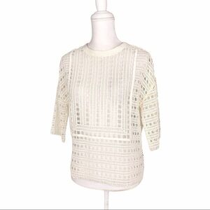 Tory Burch cream ladder crochet knit top fringe 3/4 sleeves XS